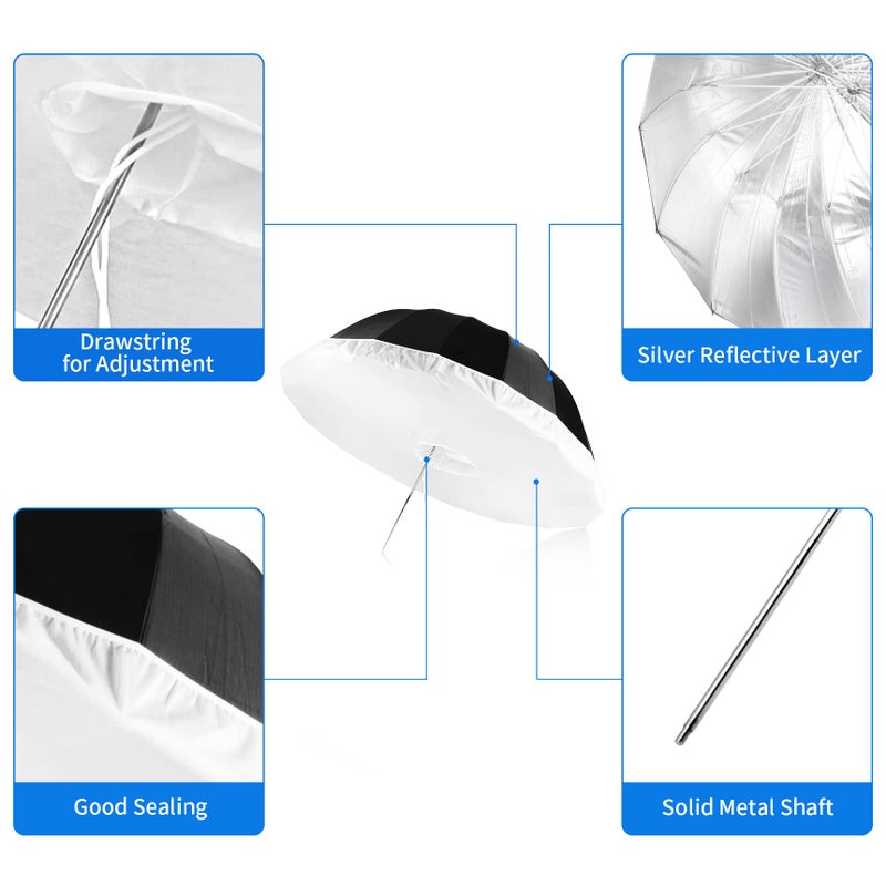 Selens Parabolic Umbrella and Diffuser Photography Lighting, 65 Inch Black Silver Reflective Deep Umbrella for Photo Studio Flash Speed Light - Image 2